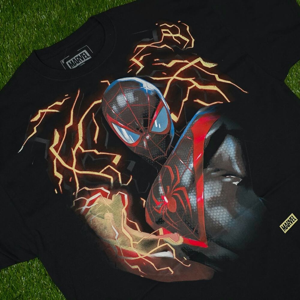 Marvel Spider-Man Miles Morales Electric Graphic T-Shirt Men's Sz XL Black Tee